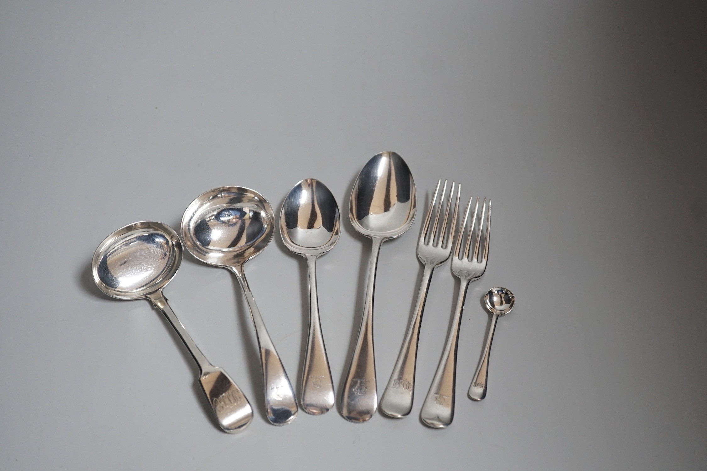 A part canteen of late Victorian silver Hanoverian pattern flatware, comprising fifty four items, John Round & Sons, Sheffield, 1898, a quantity of assorted other mainly 19th century silver flatware, various dates and ma